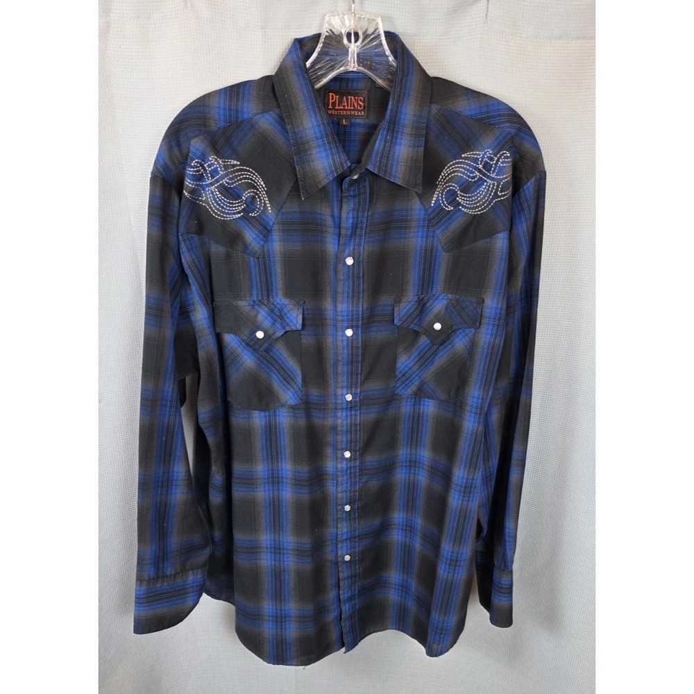 Plains Western Wear Shirt Men L Blue Black Pearl Snap Western Shirt Embroidered